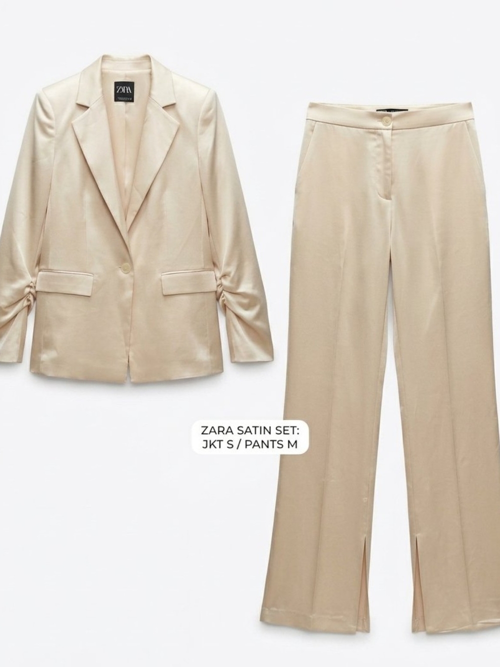 Wedding Holiday ZARA Satin Ruched Blazer S & Split Pants M Suit Champagne Ivory